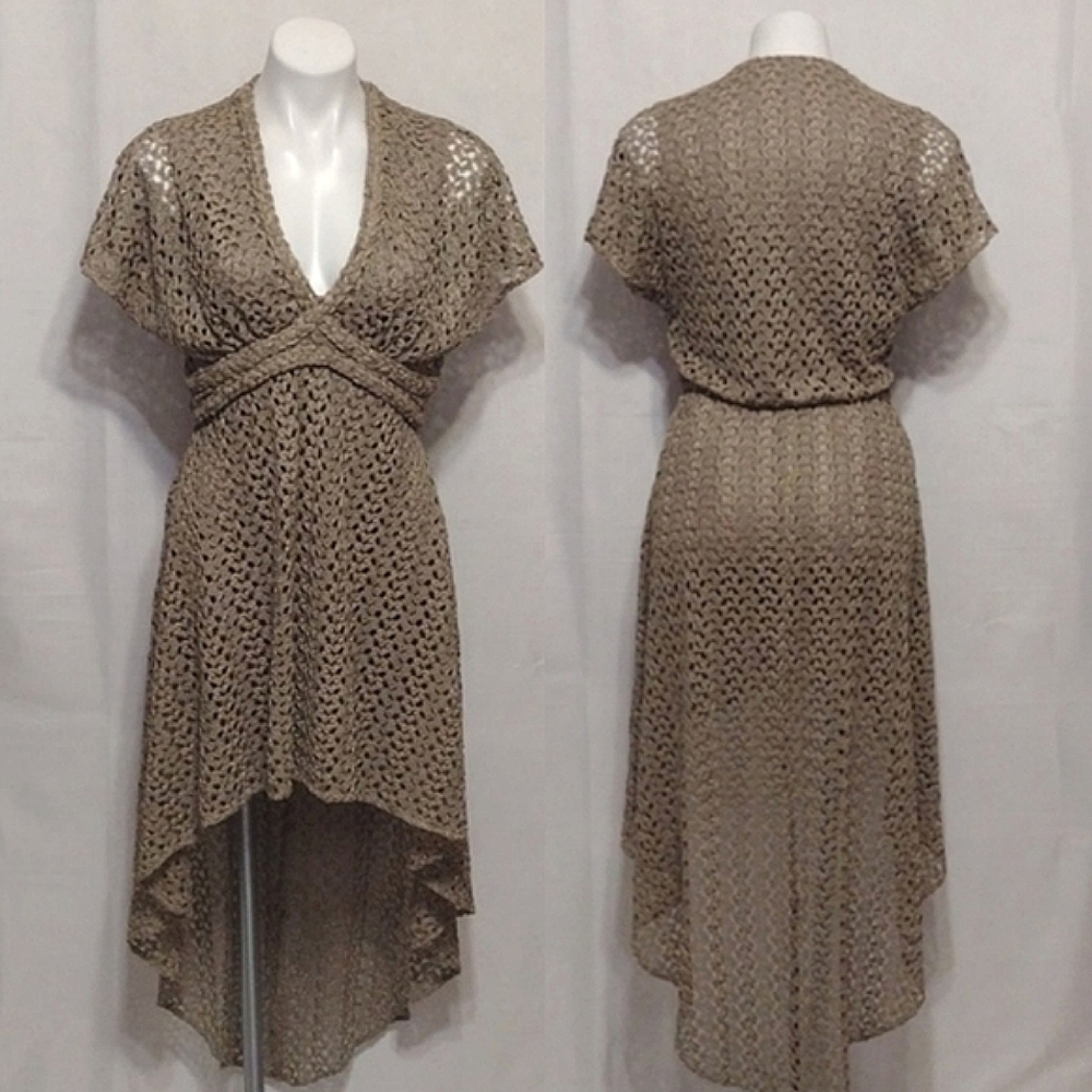 NWT Sky Kathleen Medium Taupe Crochet Lace High-Low Dress Sexy Elegant Chic $220